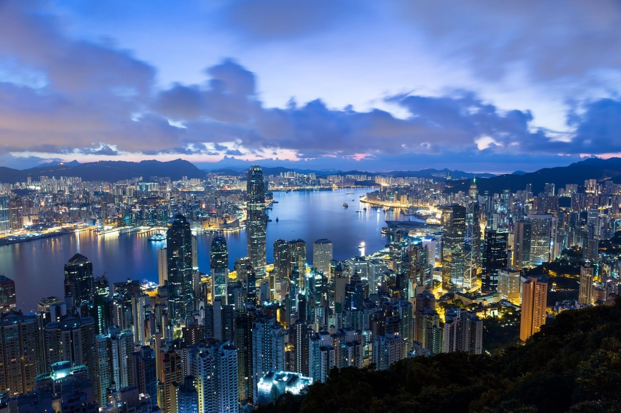A sky view of Victoria Harbour and Kowloon, Hong Kong