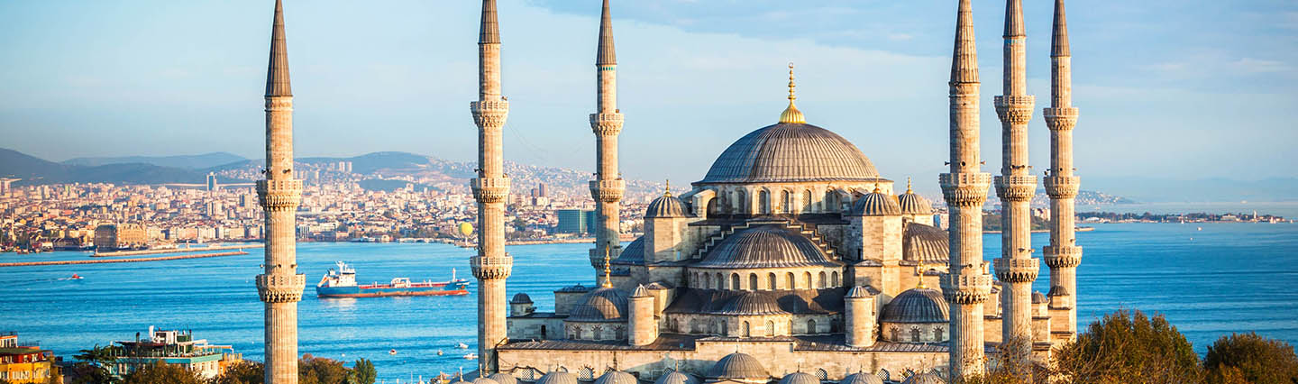 Only a short distance from your hotel in Istanbul, the Blue Mosque rises over the Bosphorus River.