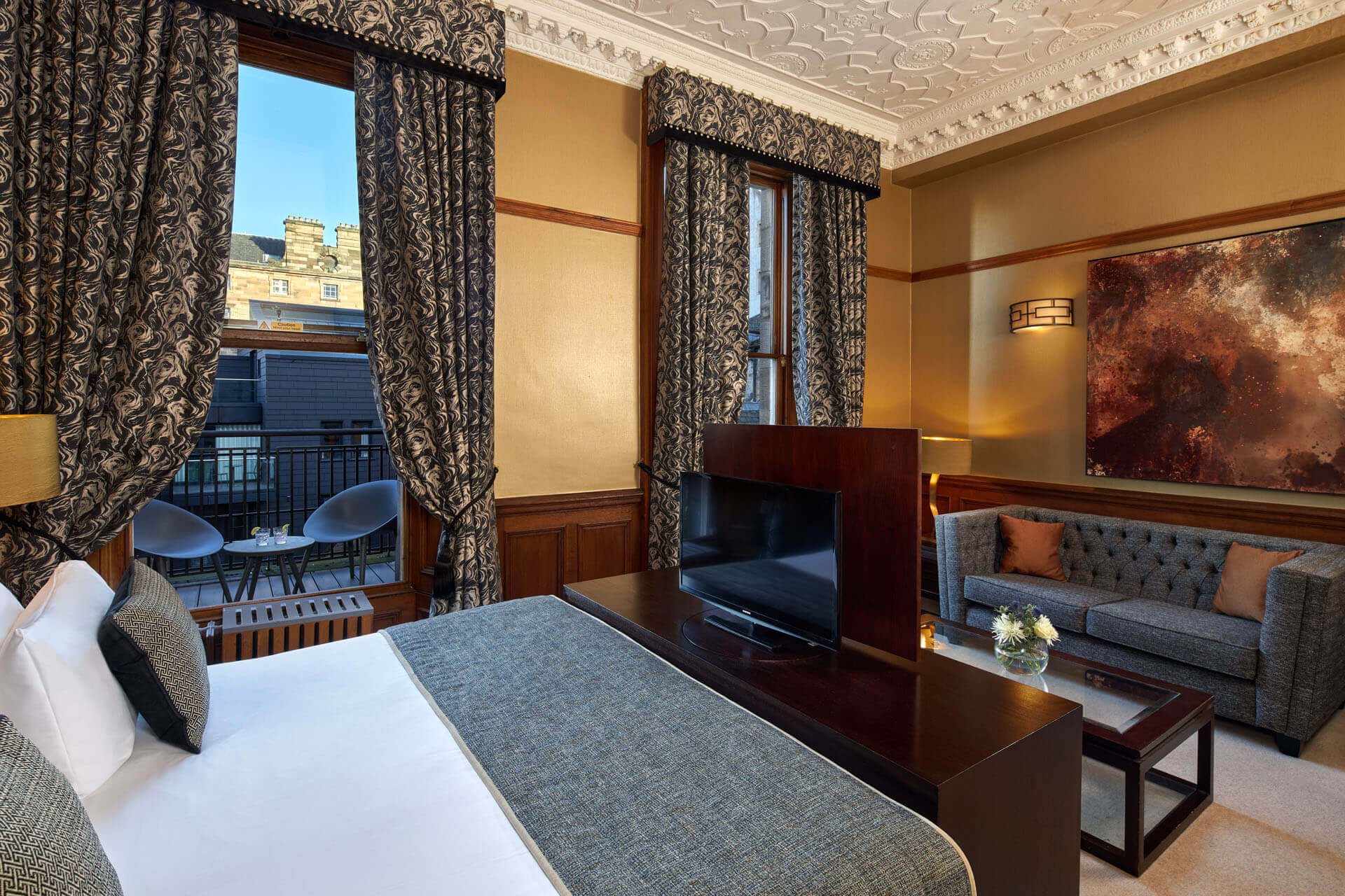 Overview of Observatory Suite in Edinburgh hotel with private balcony