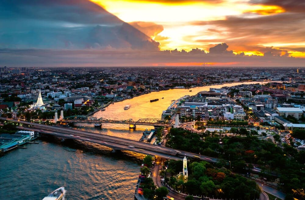 Panorama of Bangkok’s skyline with Chao Phraya River