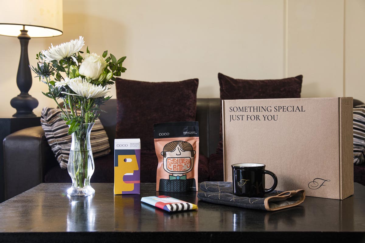 Welcome hamper at Fraser Suites Glasgow serviced apartments on family breaks in scotland