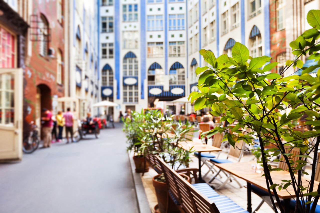 Hackesche Hoefe, Central Berlin, Germany. Build in 1909 its a downtown district with lots of restaurants, bars,clubs, stores and galleries. View directly above. Fisheye lens used.