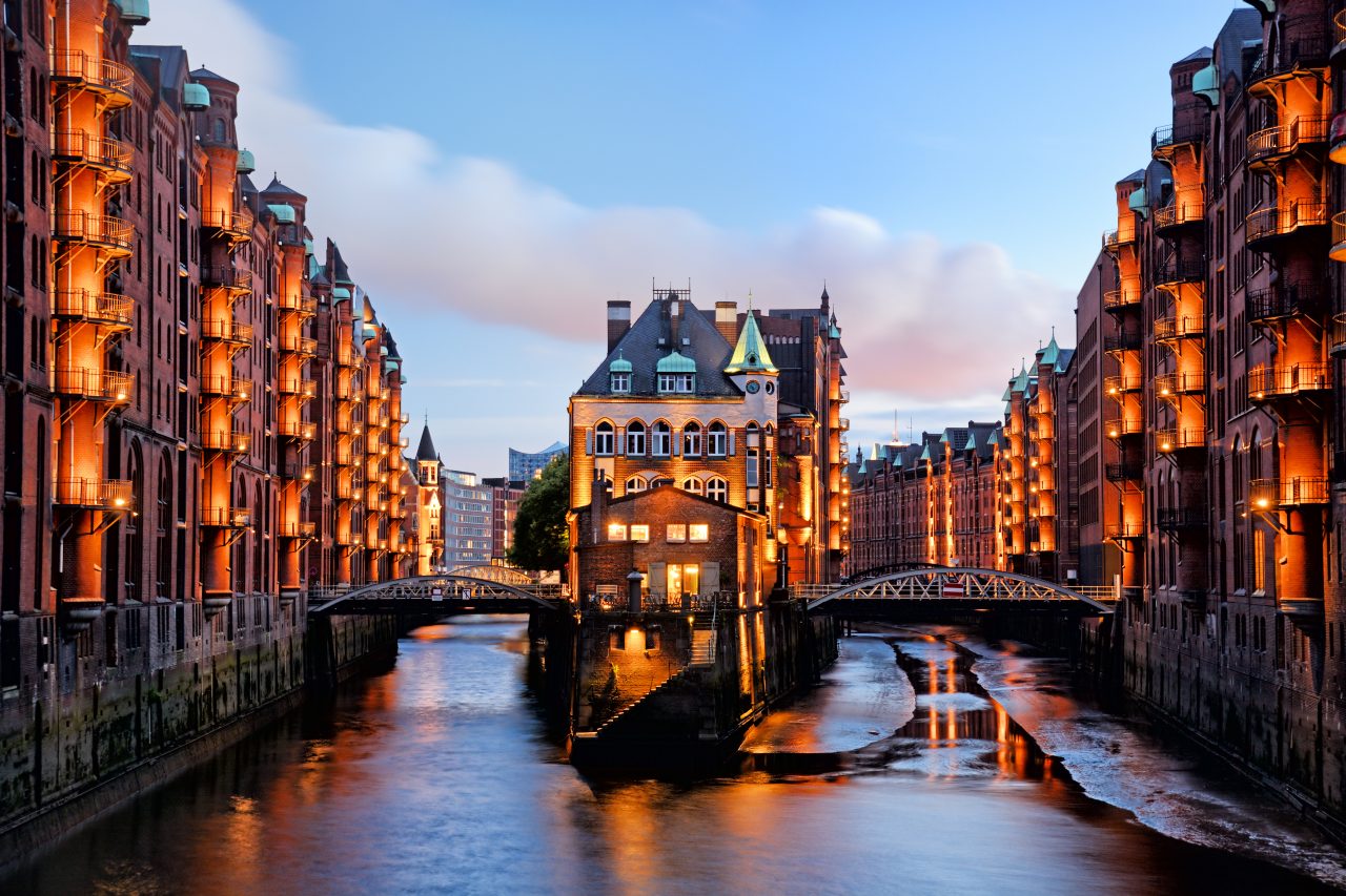 Hamburg Speicherstadt view from the river at dusk