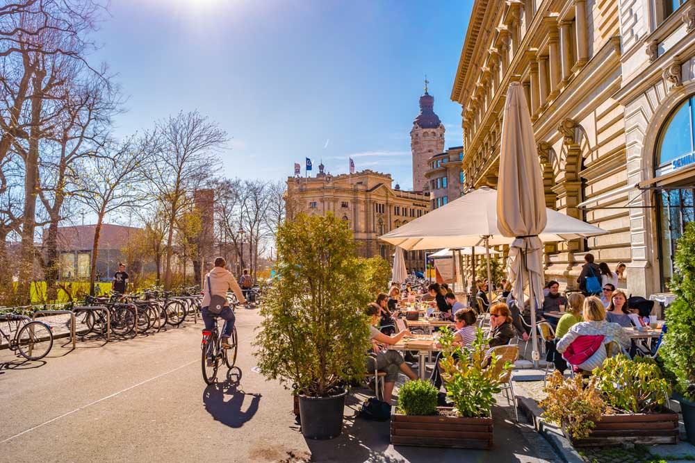 Cityscape of historical downtown in Leipzig at Spring, blue sky and sunny day, Germany