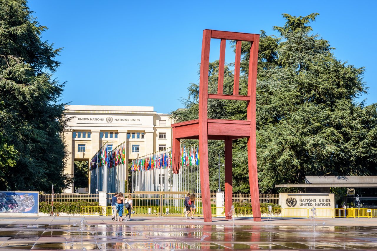 The "Broken Chair" sculpture opposite the Palace of Nations