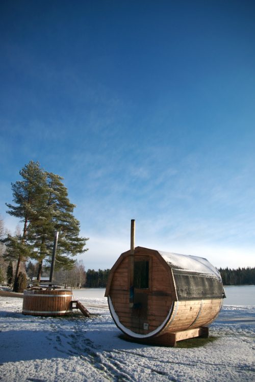 a typical Finnish sauna in the snow