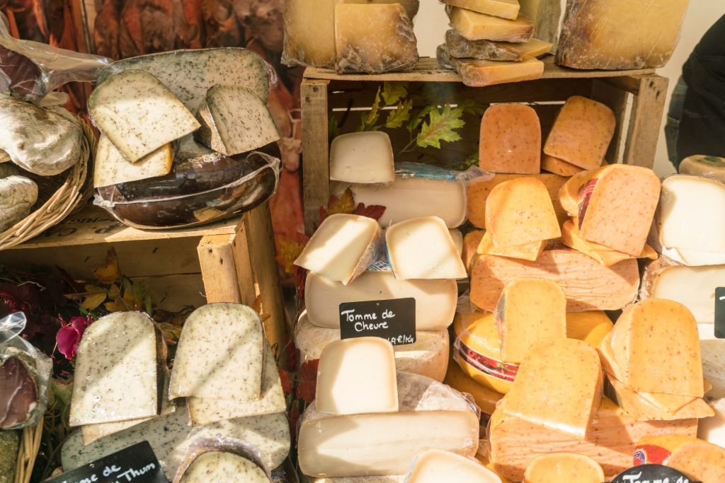 Assortment of cheeses on display in France