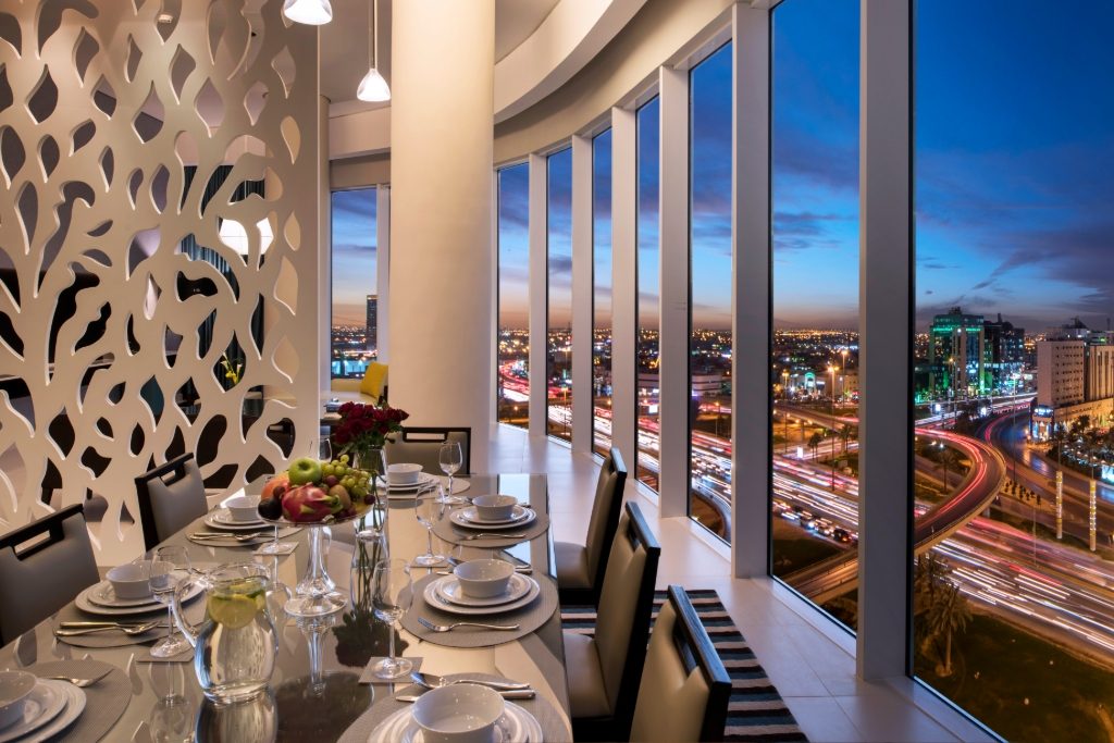 Penthouse dining overlooking the skyline of Riyadh from Fraser Suites Riyadh