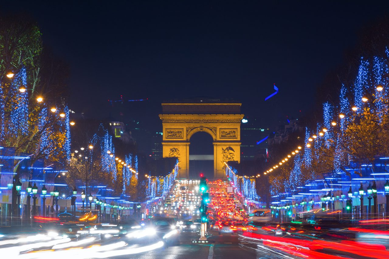 Avenue des Champs-Elysees with Christmas lighting leading up to the Arc de Triomphe