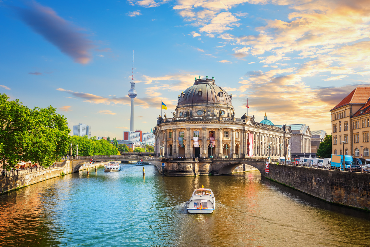 Museum Island and the bridge over the river Spree, beautiful panorama of Berlin, Germany.