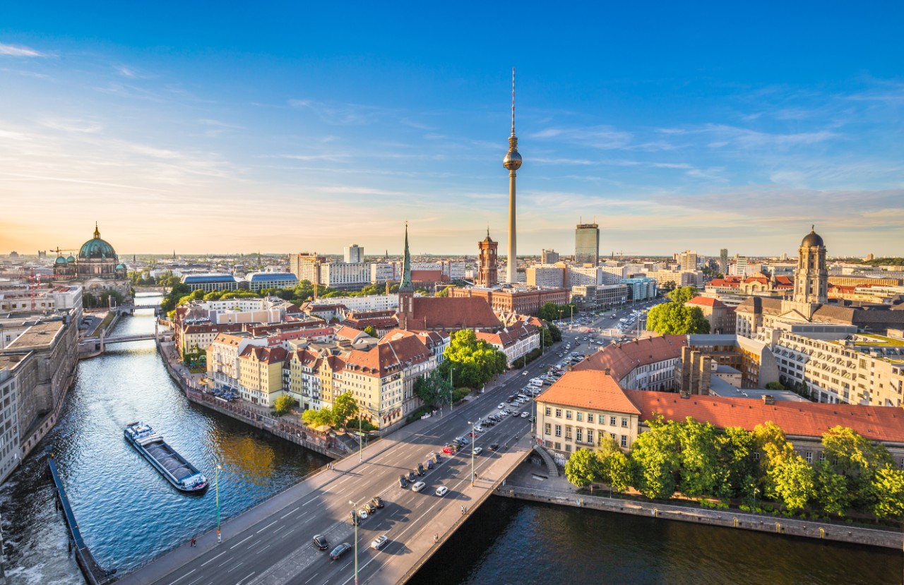 Aerial view of Berlin skyline with famous TV tower and Spree river