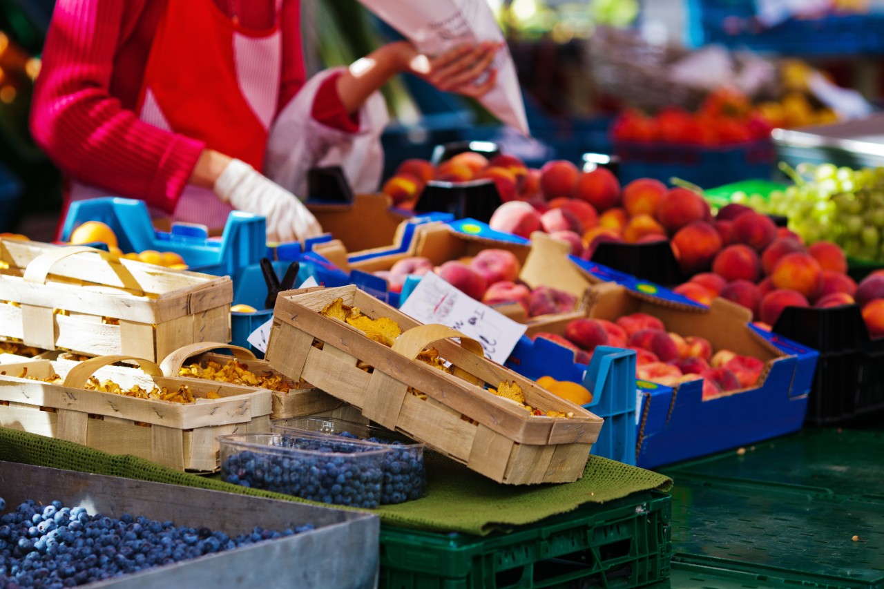 fruit and vegetables stall at the weekly market