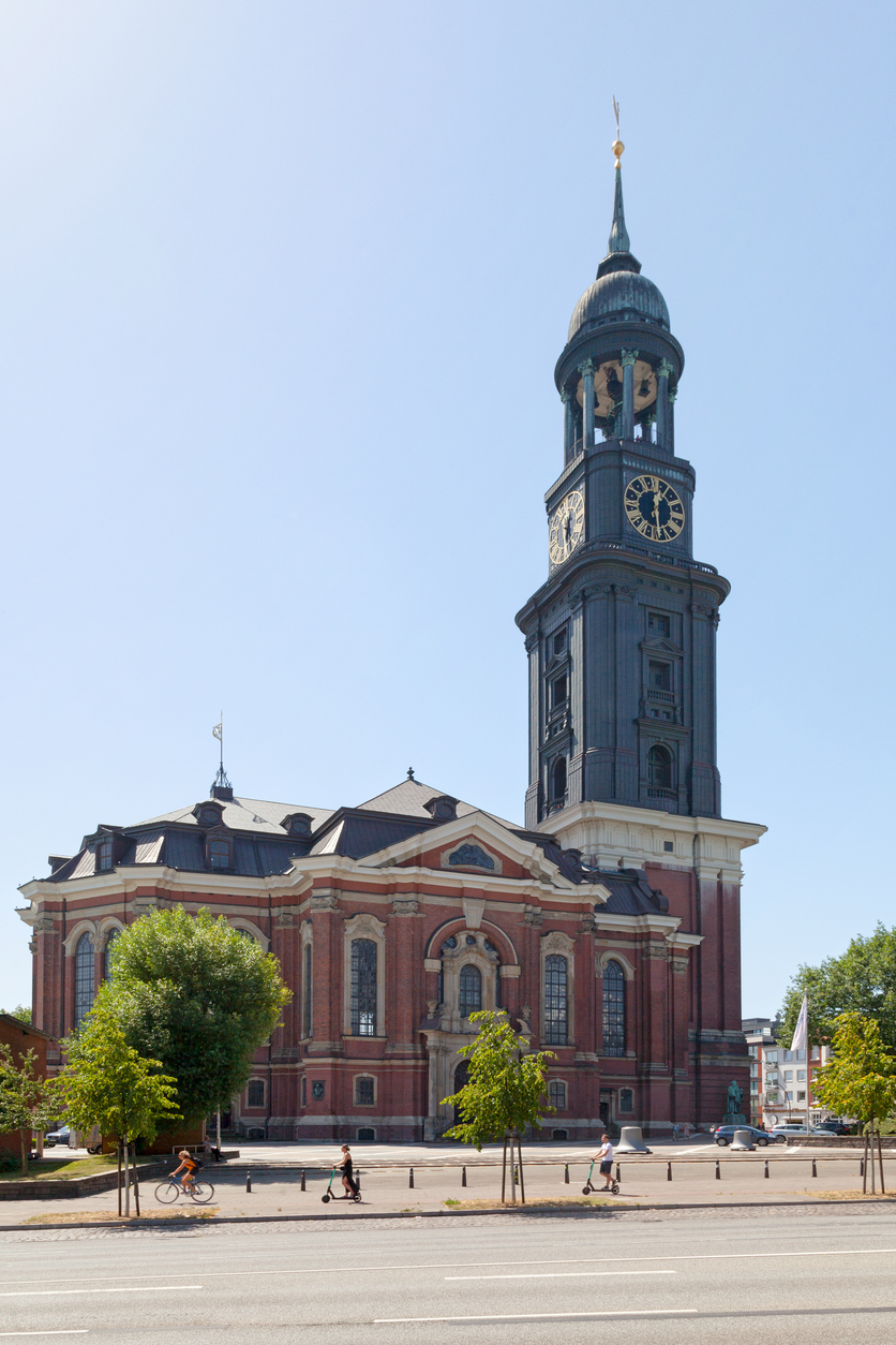 Hamburg, Germany - June 30 2019: The St. Michael's Church (German: Hauptkirche Sankt Michaelis) is one of Hamburg's five Lutheran main churches (Hauptkirchen) and one of the most famous churches in the city.