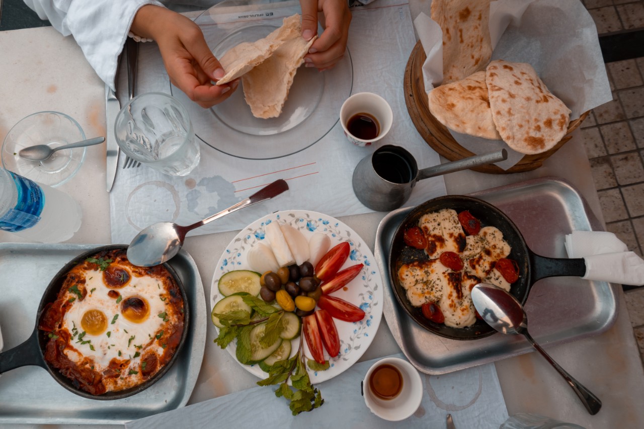 Overhead view of traditional meal on table