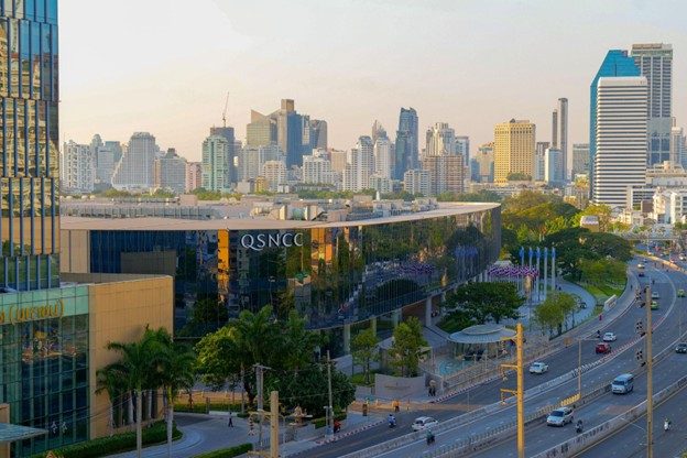QSNCC in Bangkok with the city skyline and surrounding roads