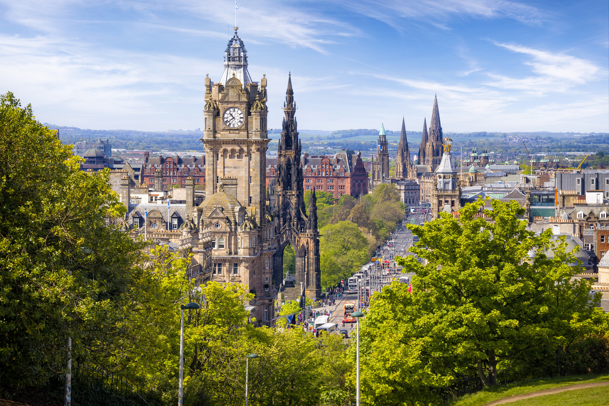 View from the Calton Hill on Princes Street in Edinburgh, Scotland, UK