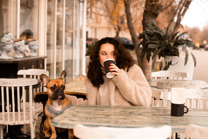 Young brunette woman with her pet french bulldog in coffee shop, lifestyle, autumn fall season
