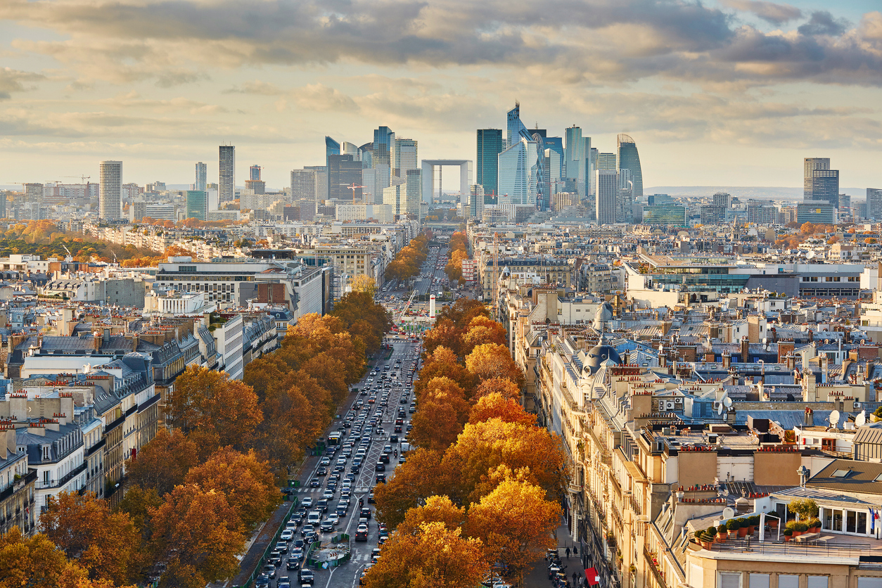 Aerial panoramic cityscape view of Paris, France with La Defense, business district of Paris