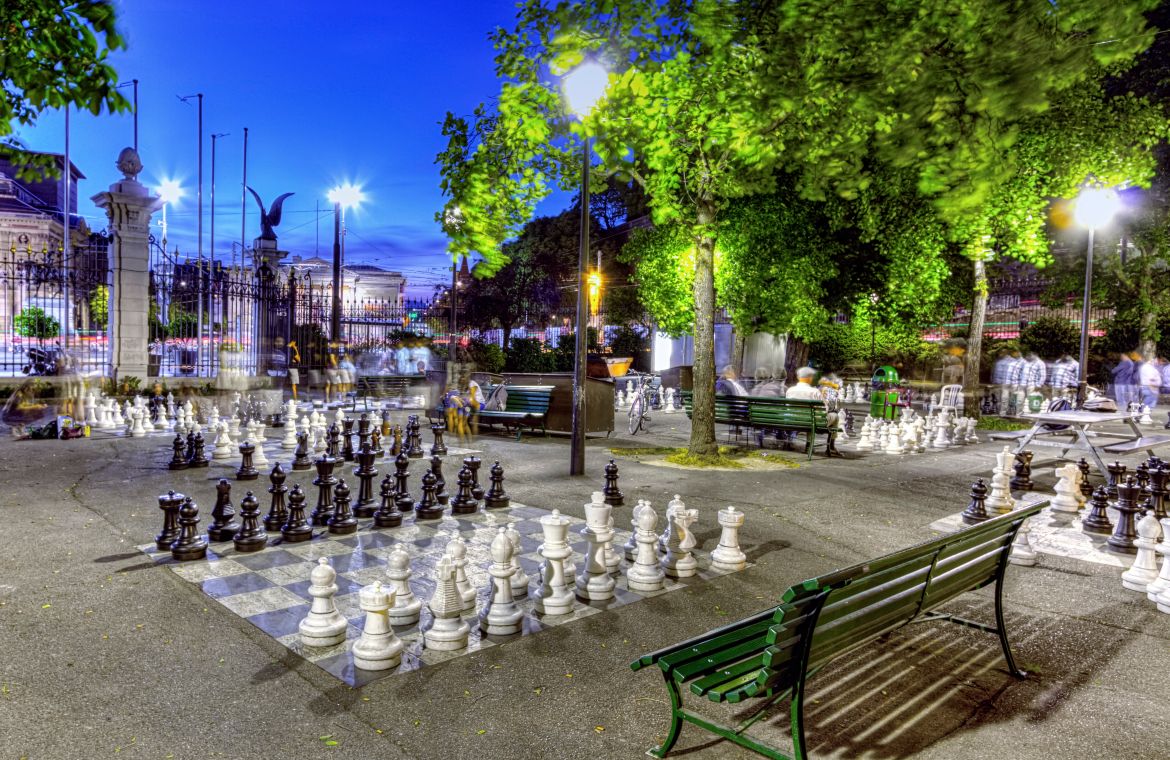 Outdoor chessgame, Bastions park by night in Geneva, Switzerland, HDR